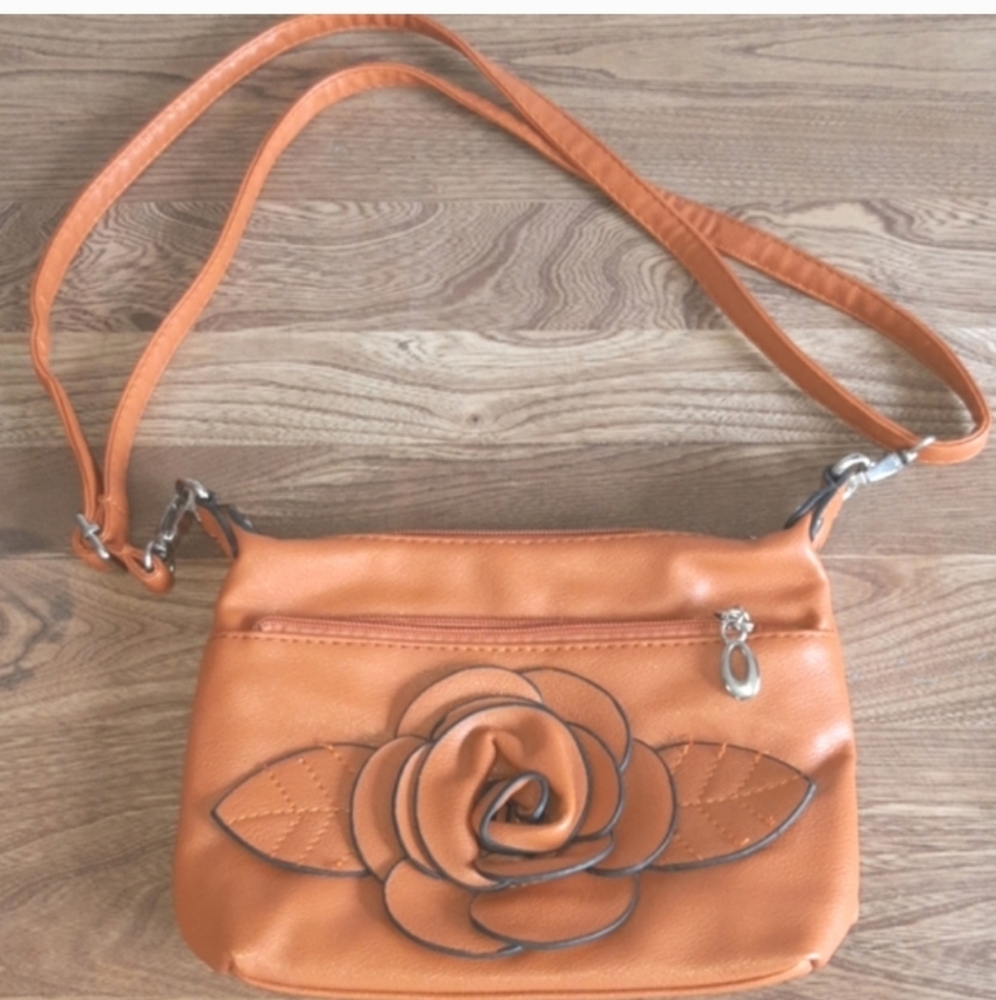 Orange Leather Crossbody Bag with Dimensional Floral Design